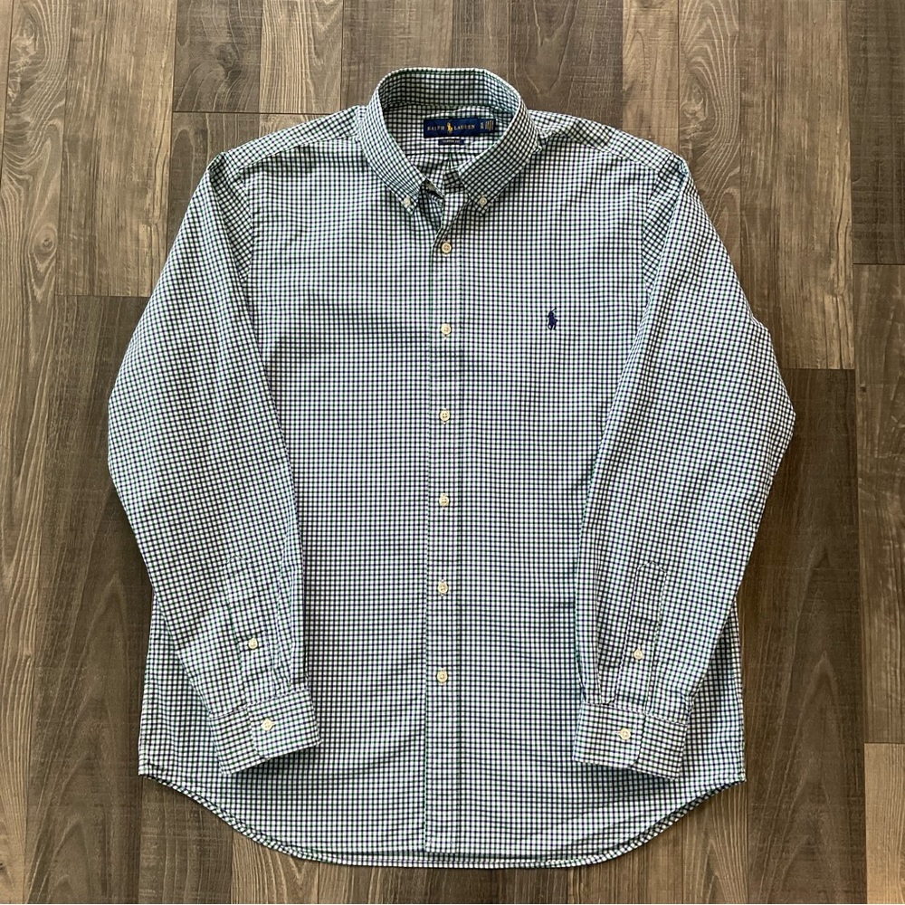 Ralph Lauren Custom Fit Button Down Long Sleeve Shirt
Men's XL 
White Blue Green